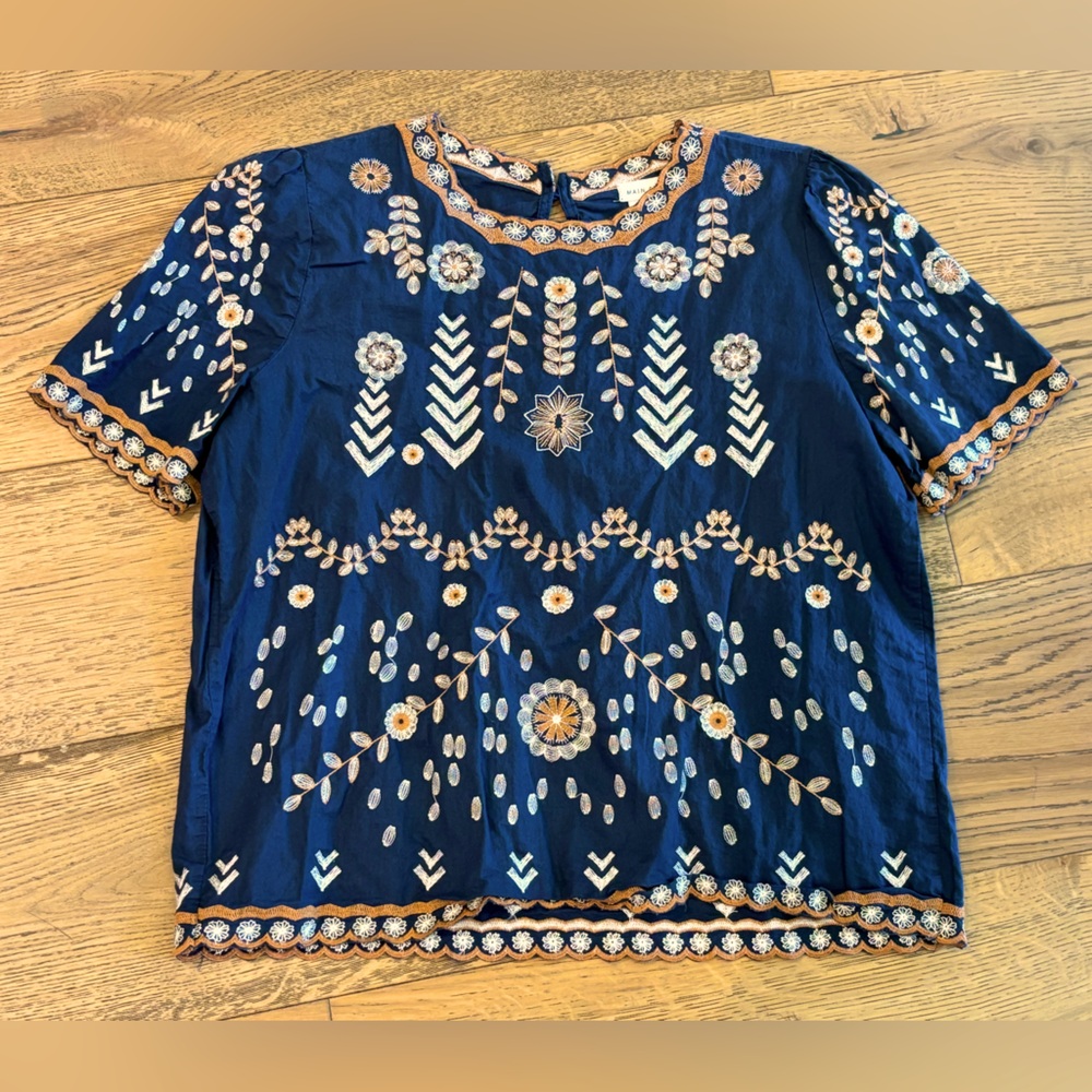 Roolee MAIN STRIP Embroidered Navy Blue Short Sleeve Top - Sz Large